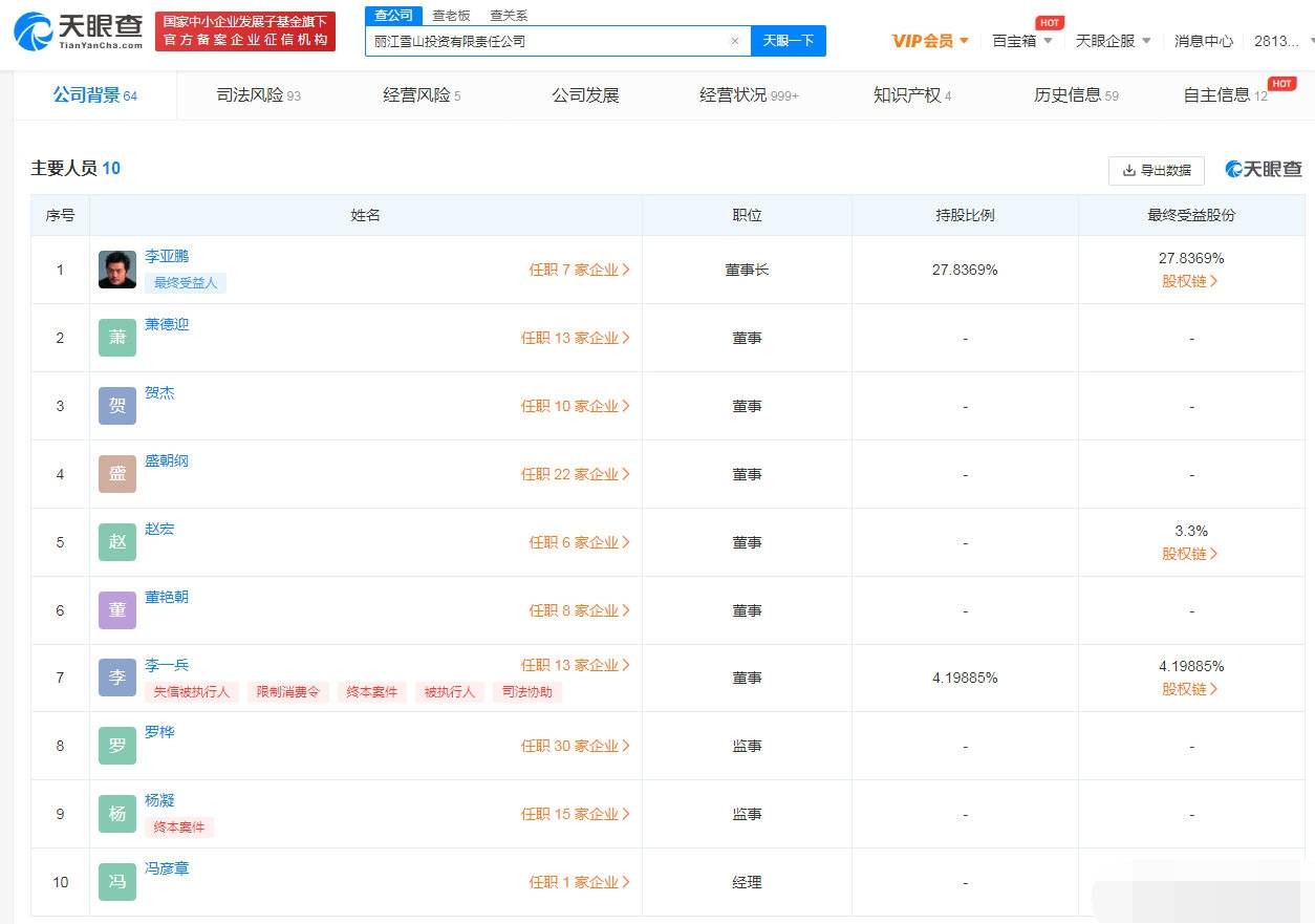 李亚鹏公司丽江雪山再被强制执行53万余元 总金额超500万
