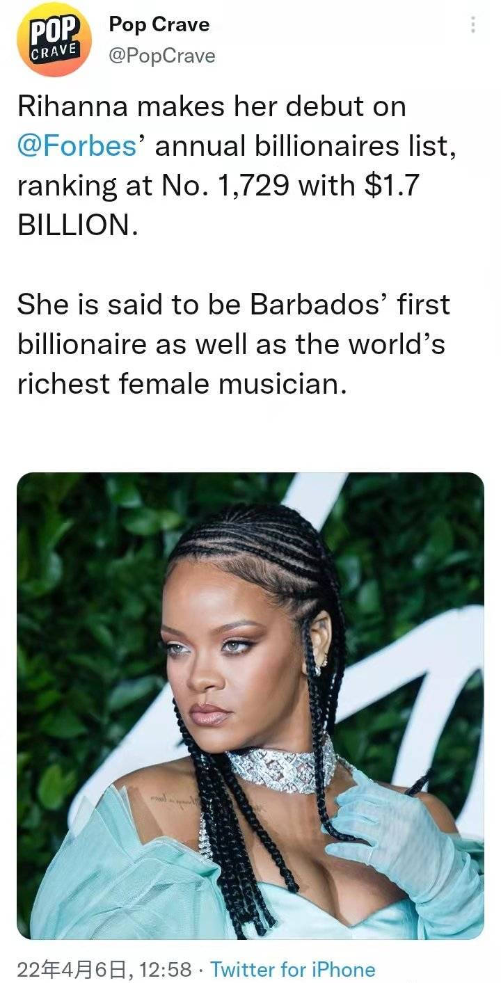 厉害了！蕾哈娜首次登上福布斯年度亿万富豪榜