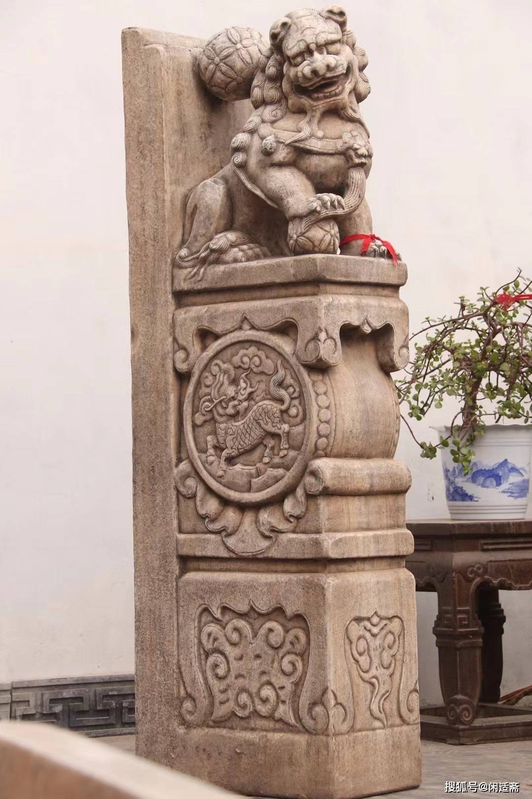 原创中式庭院汉白玉石牌坊抱鼓麒麟门墩狮