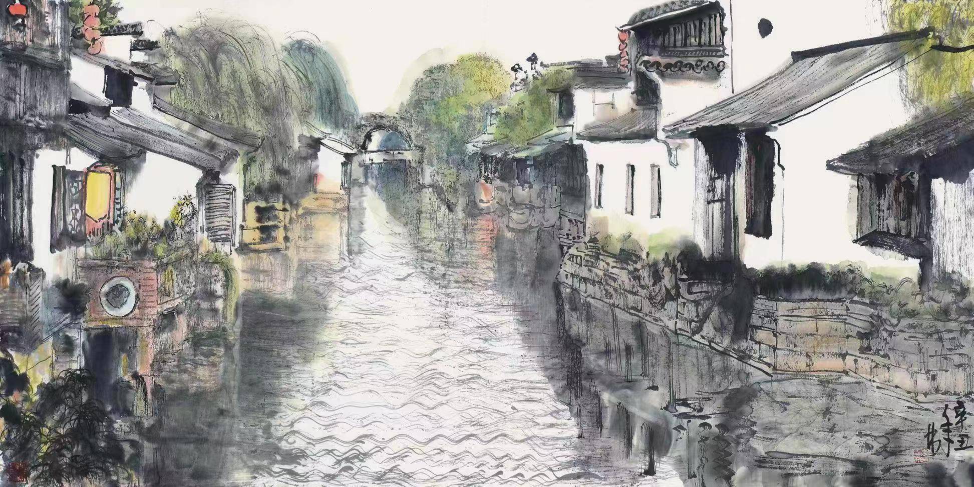 浅灰的石桥,深灰的屋檐,水迹斑驳,且湿漉滴水而呈现,斑驳的墙面倒映在