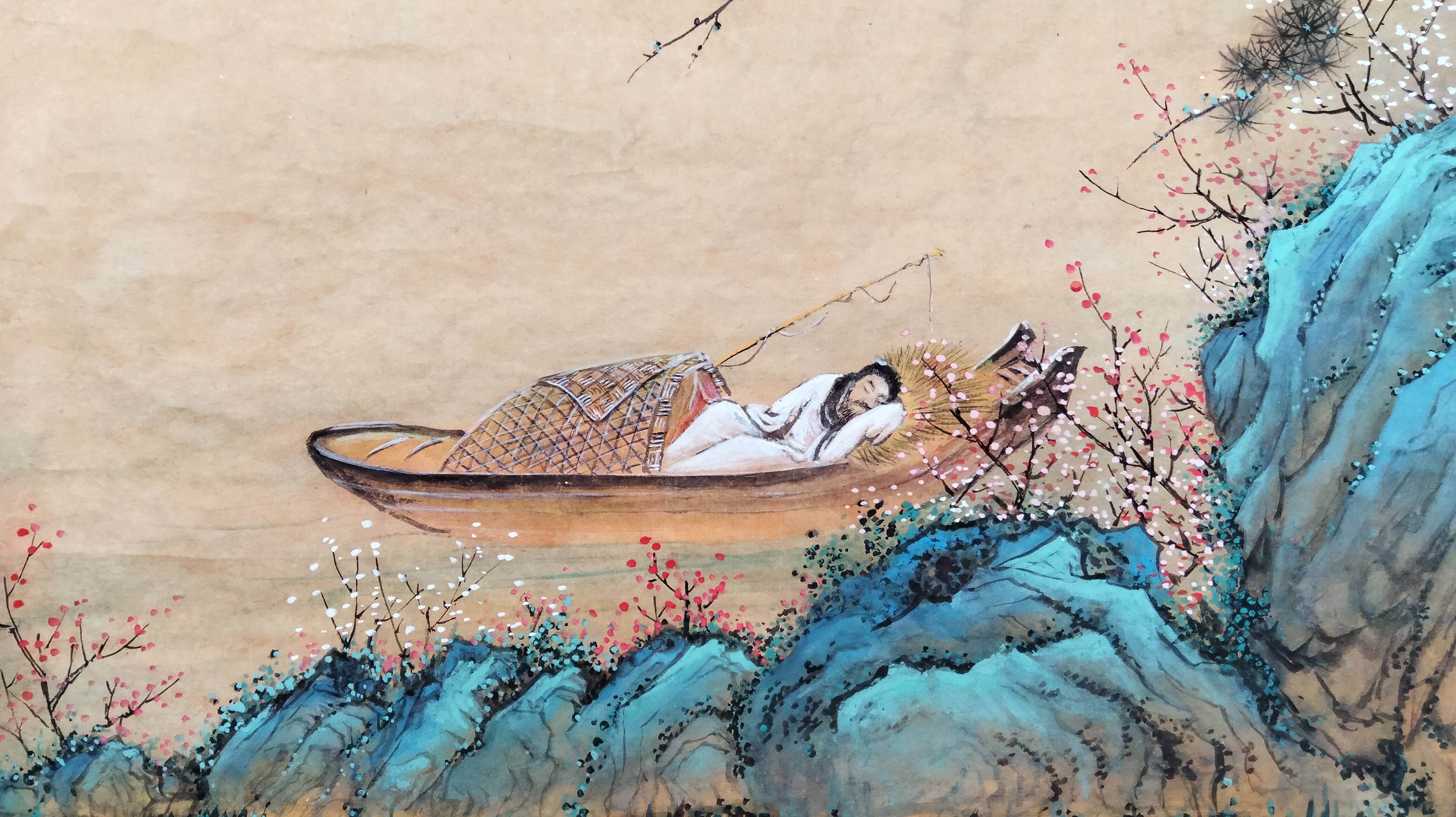 界画寒江工笔界画桃花仙人躺平图