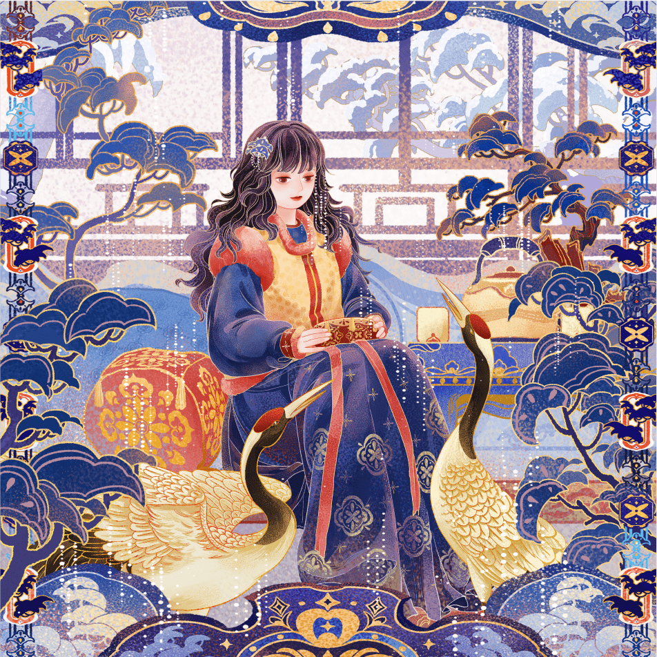 古风少女系列数字藏品《金丝绣——枕鹤栖松》_松鹤延年_象征_仙鹤