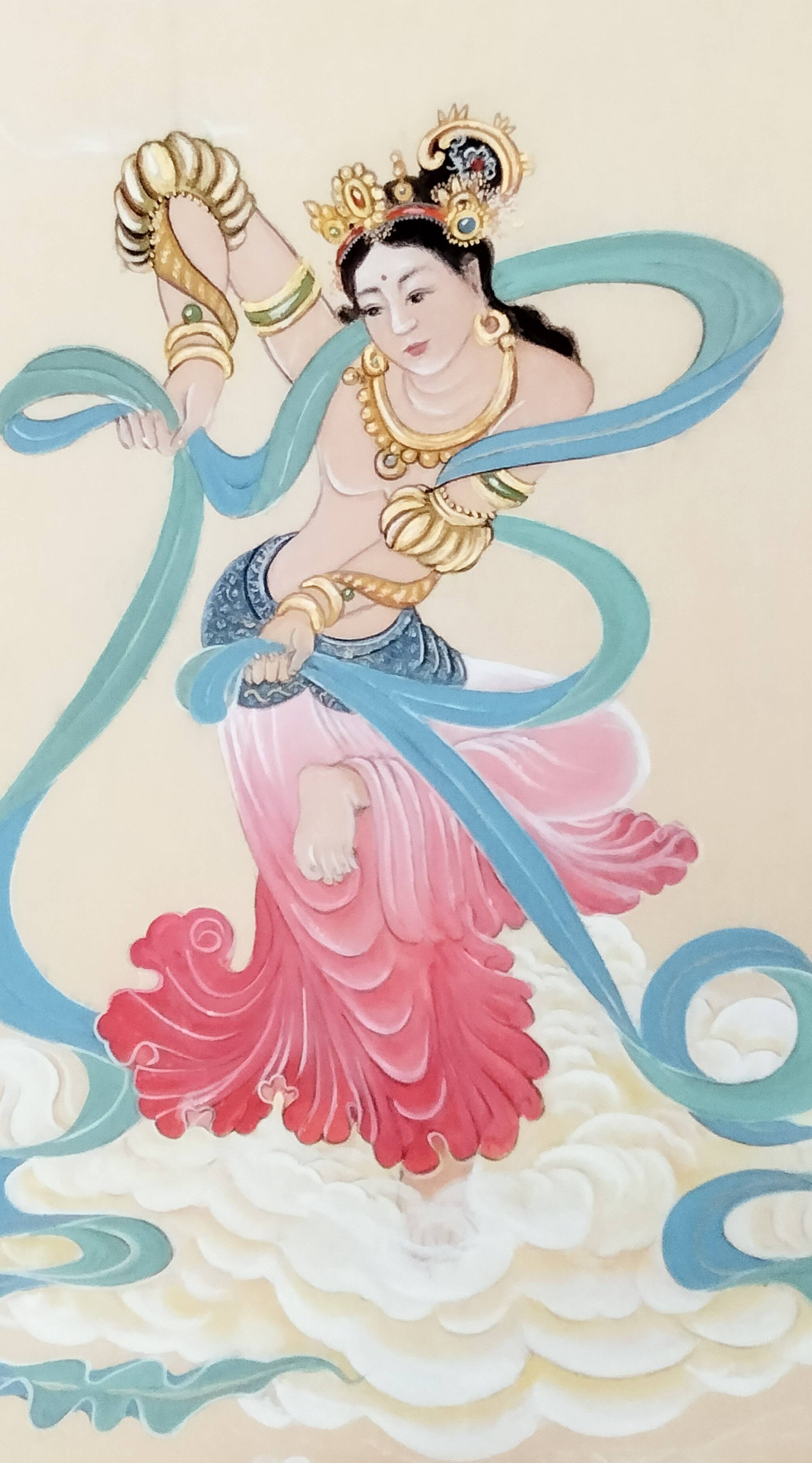 界画寒江---工笔人物《飞天图》,尺寸:65x43cm,纸质:仿古熟宣 ,2023年