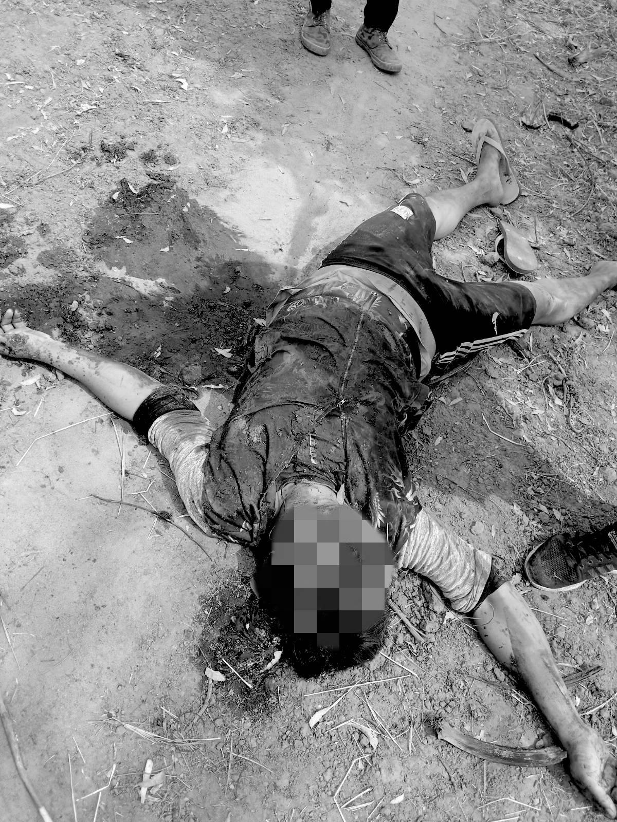 缅军在实皆省将一名地方保卫军成员斩首后头颅悬挂在树上