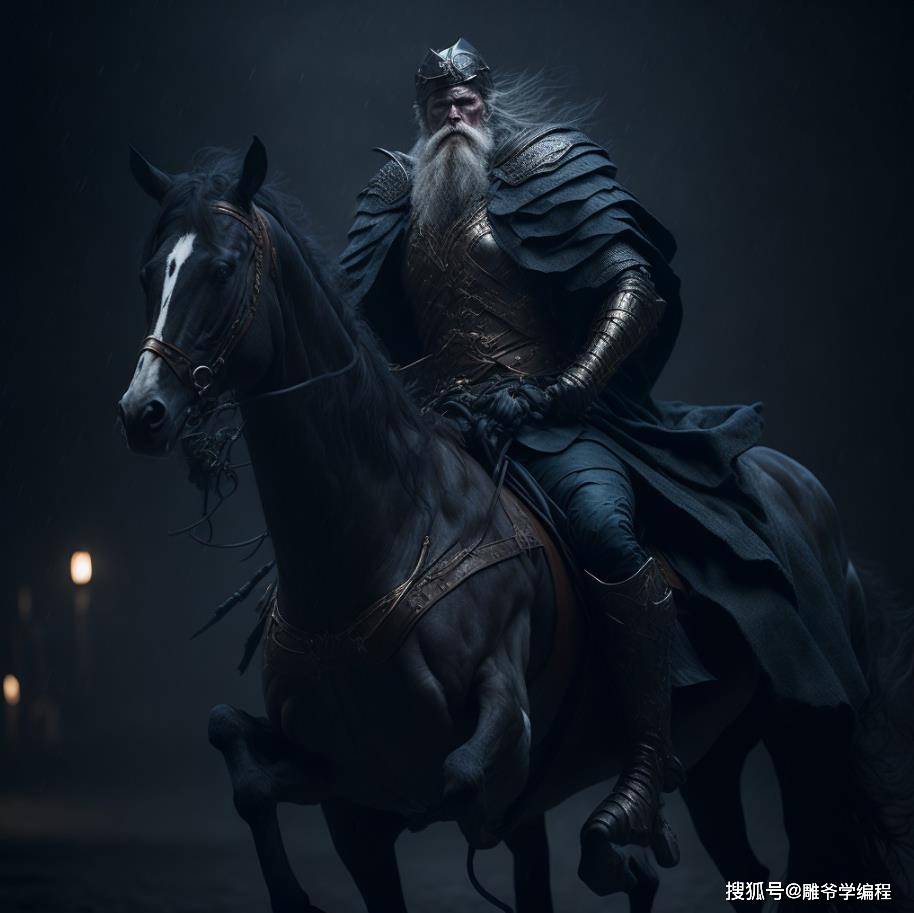 (奥丁骑马,戏剧性的灯光,黑暗,逼真,电影)接着输入:odin riding a