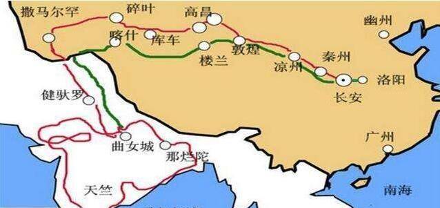 經屈支(今新疆庫車),凌山(耶木素爾嶺),碎葉城,迦畢試國,赤建