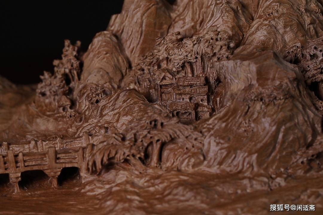 显微镜下的千里江山图,檀香木微雕作品_山水_山石_画面