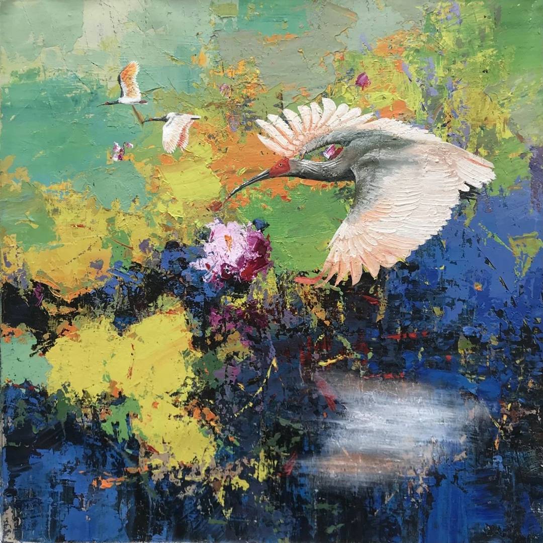 仲夏画鹮——晏子油画作品欣赏_布面_秦岭_枝头