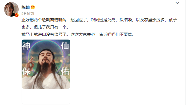 陈坤发文否认有两个新孩子 辟谣与周迅结婚