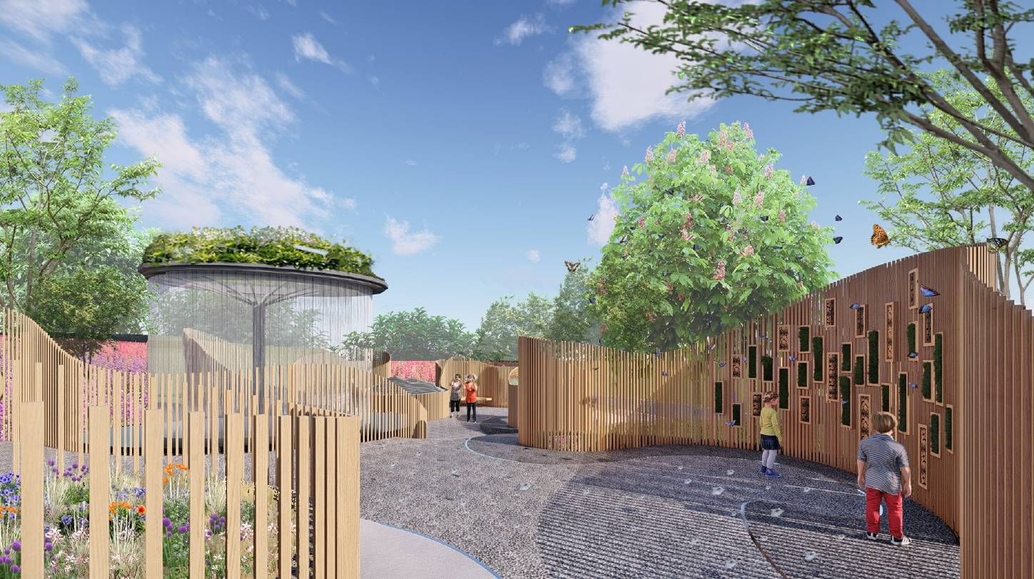 场地营造山丘,湿地,水池等多样景观场所,种植昆虫友好的开花植物,并