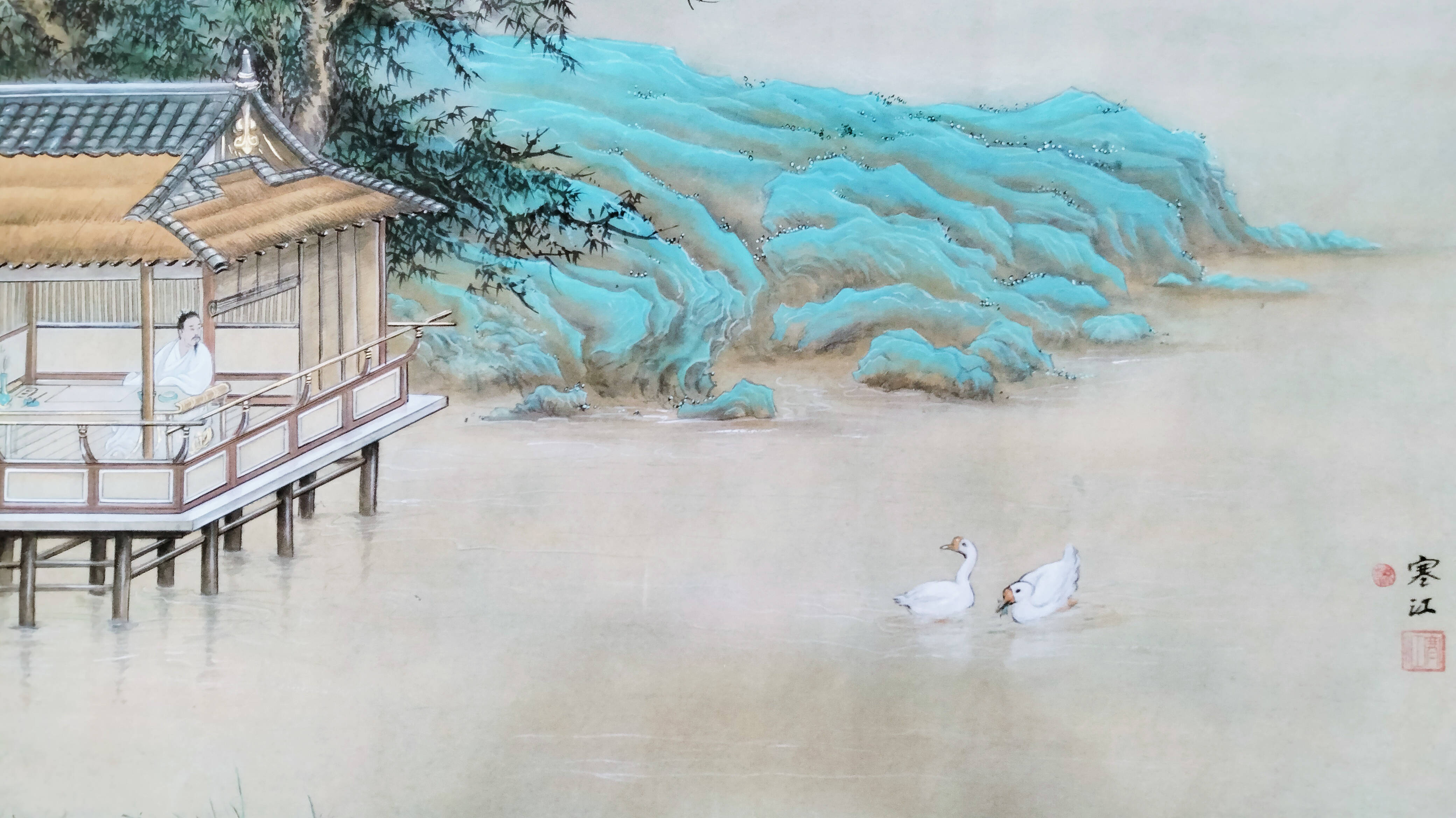 界画寒江---界画作品《王羲之观鹅图》_工笔_羽客_鹅宾