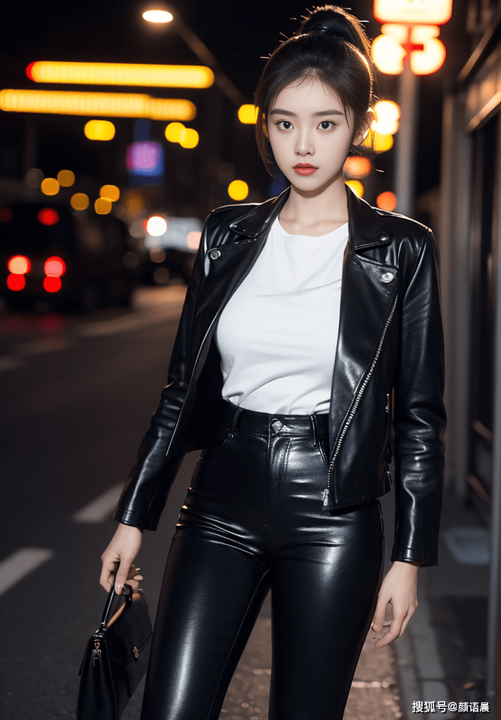 美女壁纸:繁花似锦的夜晚,黑色皮衣女神的时尚魅力_街道_都市_皮夹克