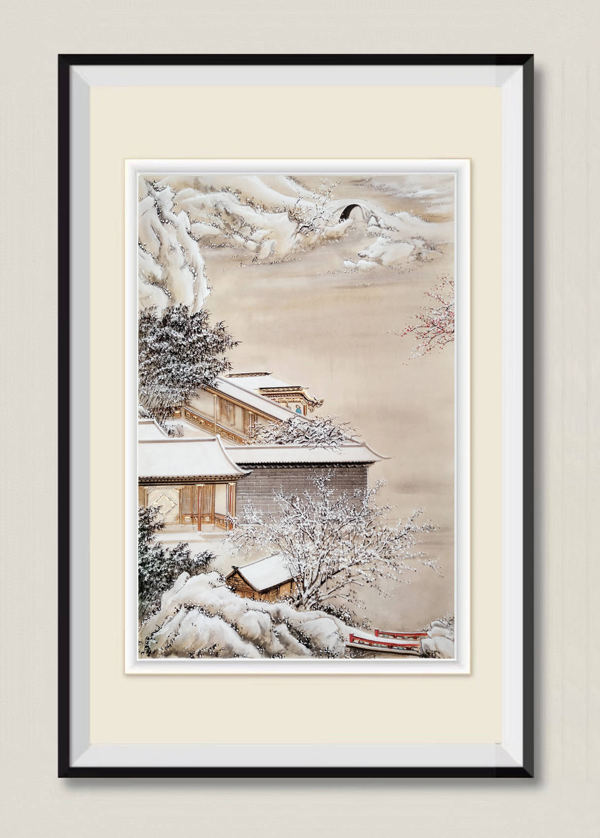 界画寒江--- 工笔雪景界画《竹庭赏雪图》_装框_故园_大雪