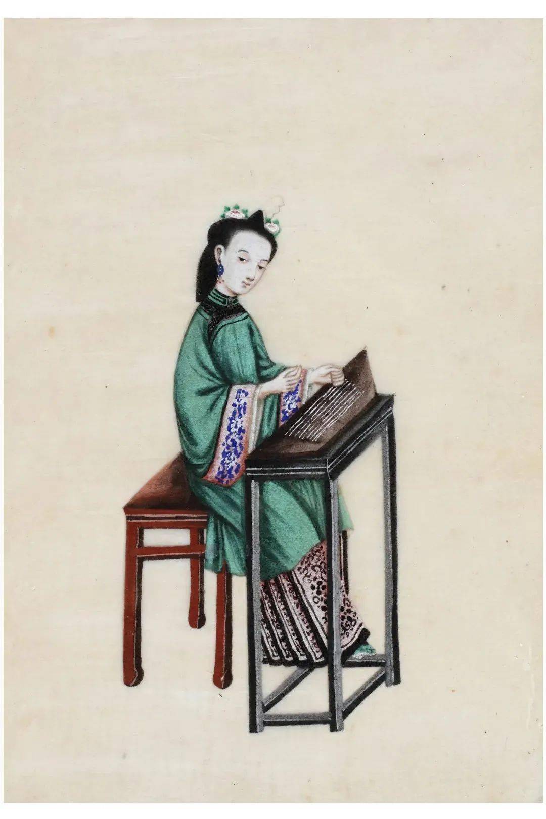 19世纪通草水彩女乐师图.