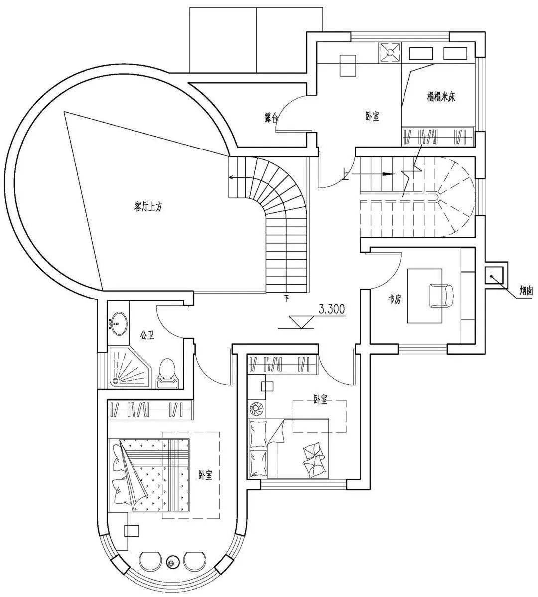 二层平面图一层主入口设计在北侧,入户玄关可直接通往客厅和餐厅,客厅