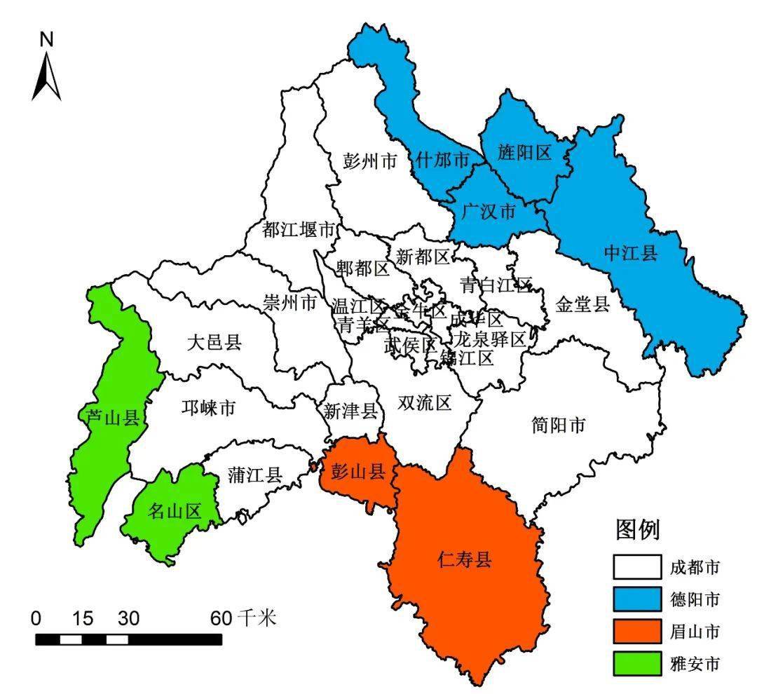 成都市市域,德阳市的旌阳区,广汉市,什邡市,中江县,眉山市的彭山县