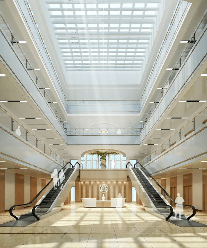 图8 b座通高中庭(二)色彩使用色彩对于人们心理有一定的暗示影响,科学