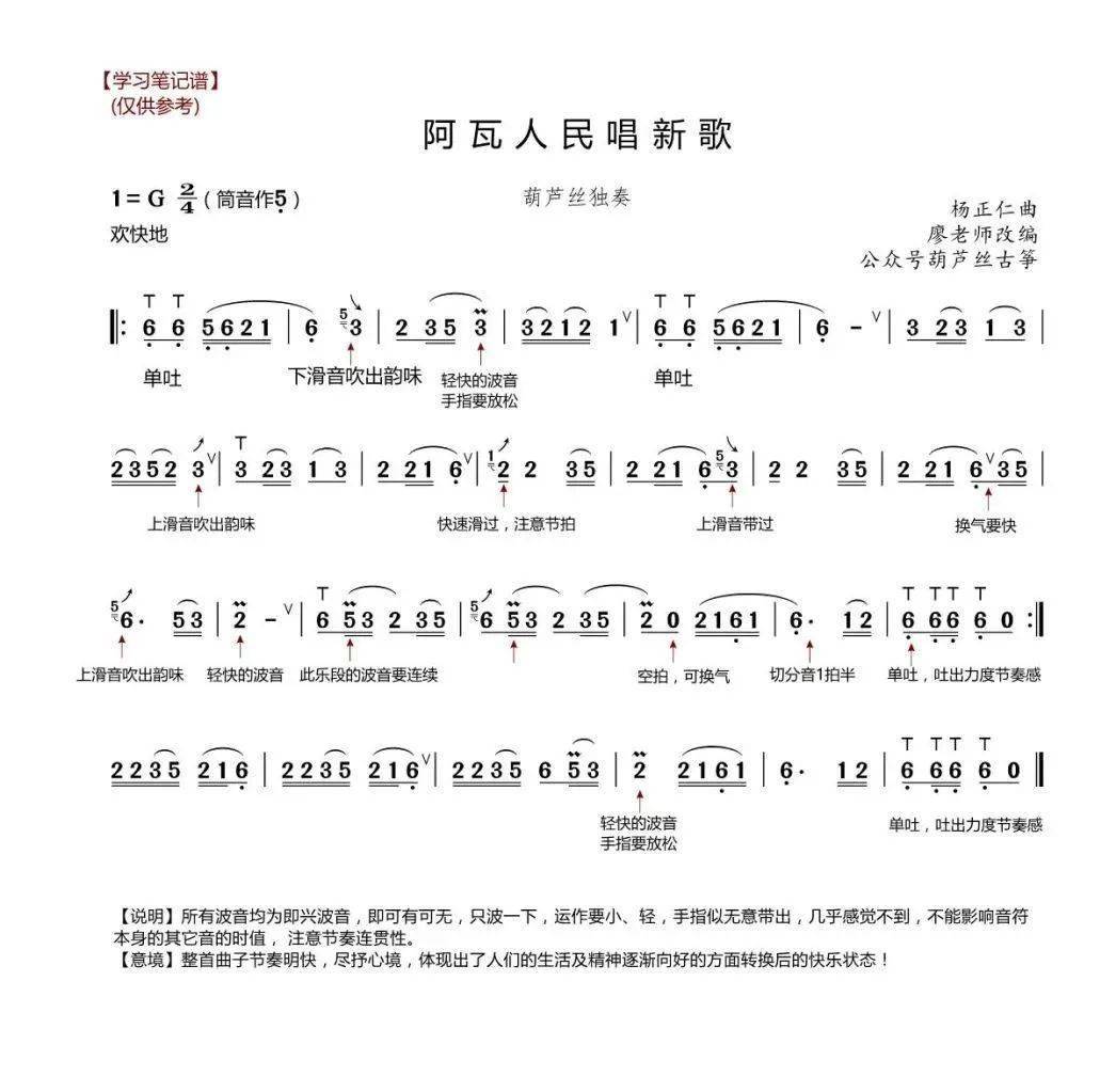 葫芦丝阿佤人民唱新歌学习笔记加动态谱示范