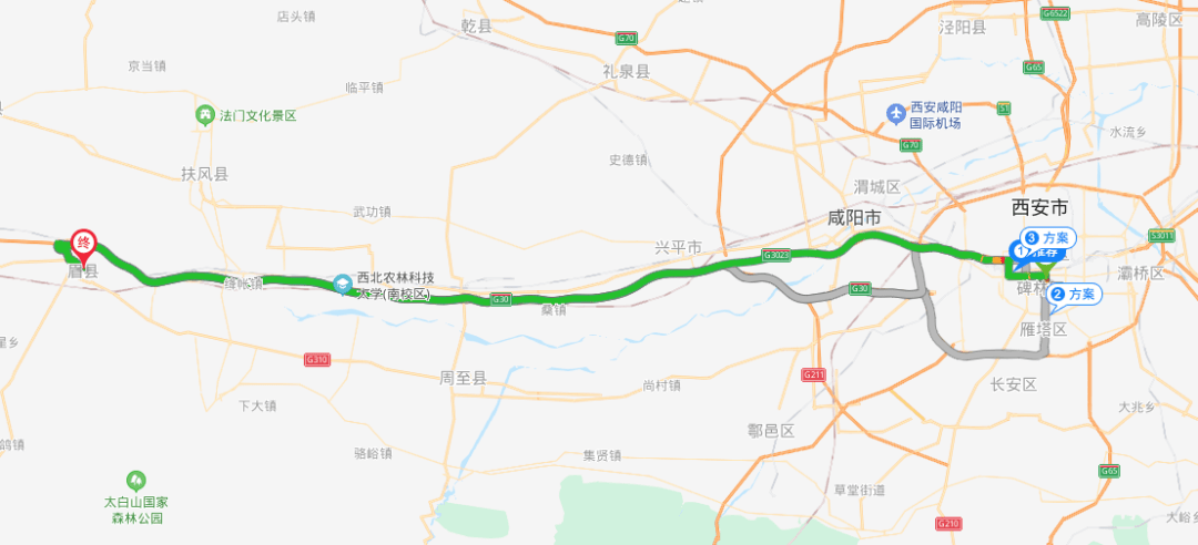 连霍高速——麟眉路——连天线——平阳街——到达眉县,全程约125公里