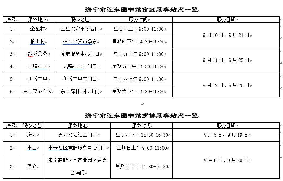 阅路海宁市汽车图书馆2020年9月行程表