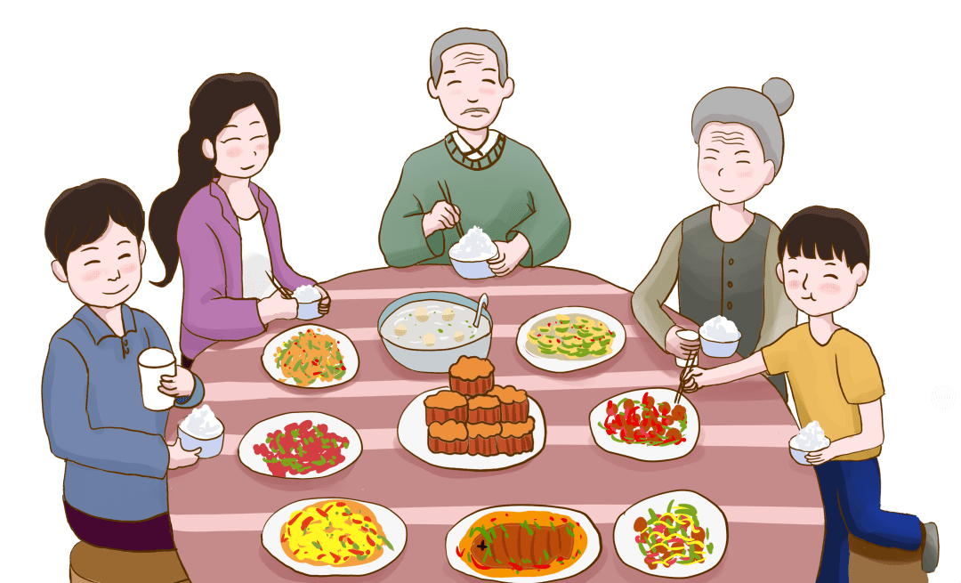 一家人围桌而坐,大人你一筷子他一勺,往孩子的碗里添菜,或直接送入