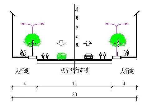 标准横断面:道路布置为单幅路,道路横断面布置为中间12米机非混行车道