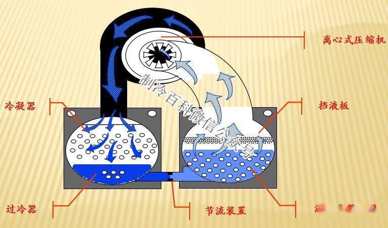 經水冷冷凝器冷凝後變成液體,氟利昂液體經膨脹閥節流進入蒸發器再