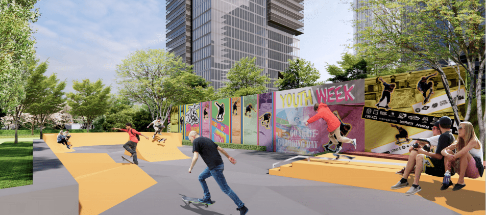 约2万方中央绿地公园,全新升级规划了篮球场,万花筒隧道,专业滑板场