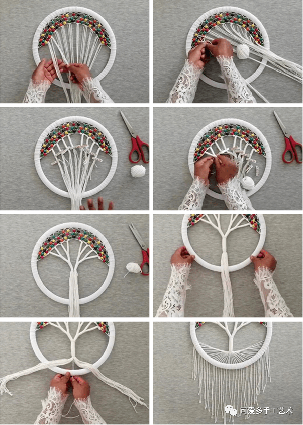 之后绕上绳子,用捕梦网的方式编出月亮的网状,最后挂上几十根线垂直