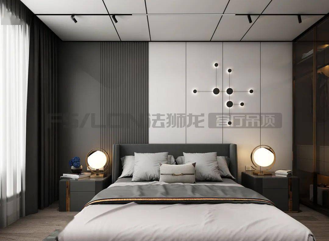 主卧的设计简洁而不简单, 法狮龙背景墙深灰与白色的搭配,格外好看