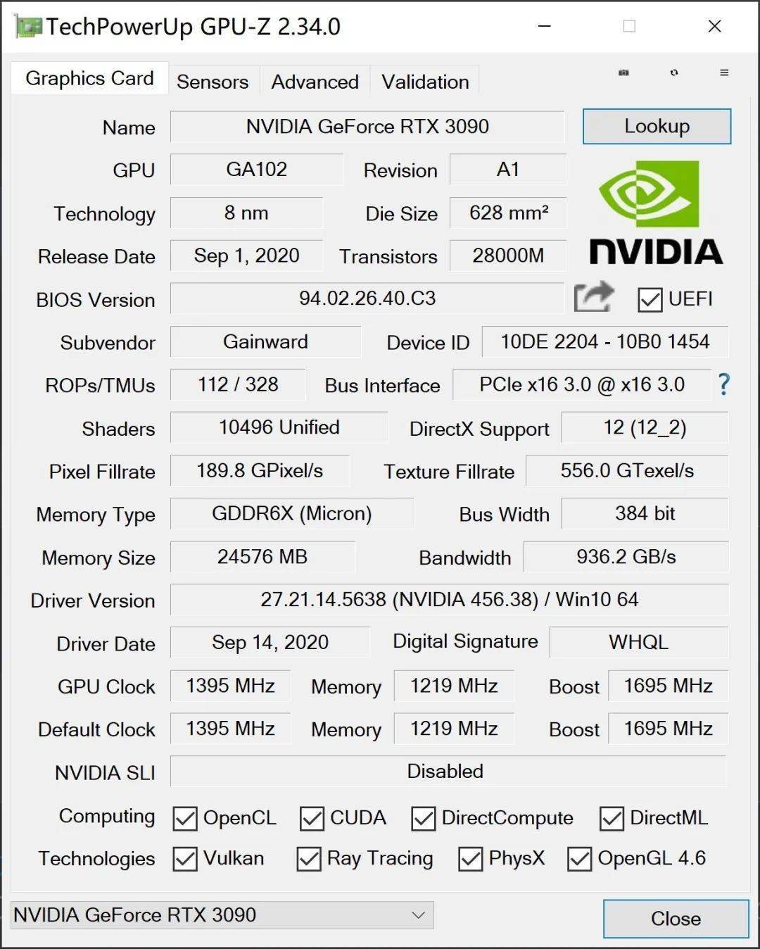 耕升geforce rtx 3090炫光 gpu-z截图测试平台一览显卡 耕升geforce