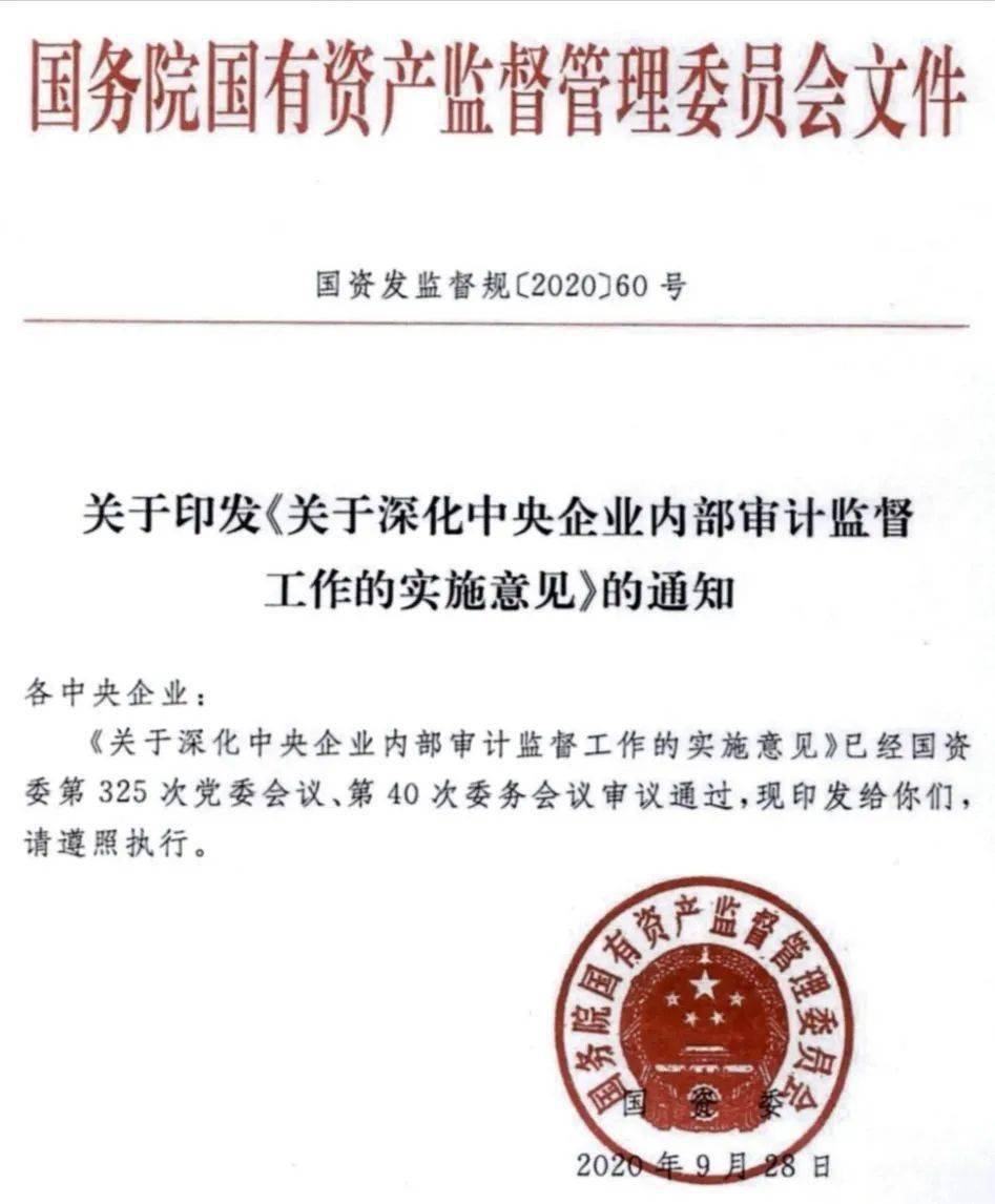 中央企业内部审计监督工作的实施意见(国资发监督规〔2020〕60号)