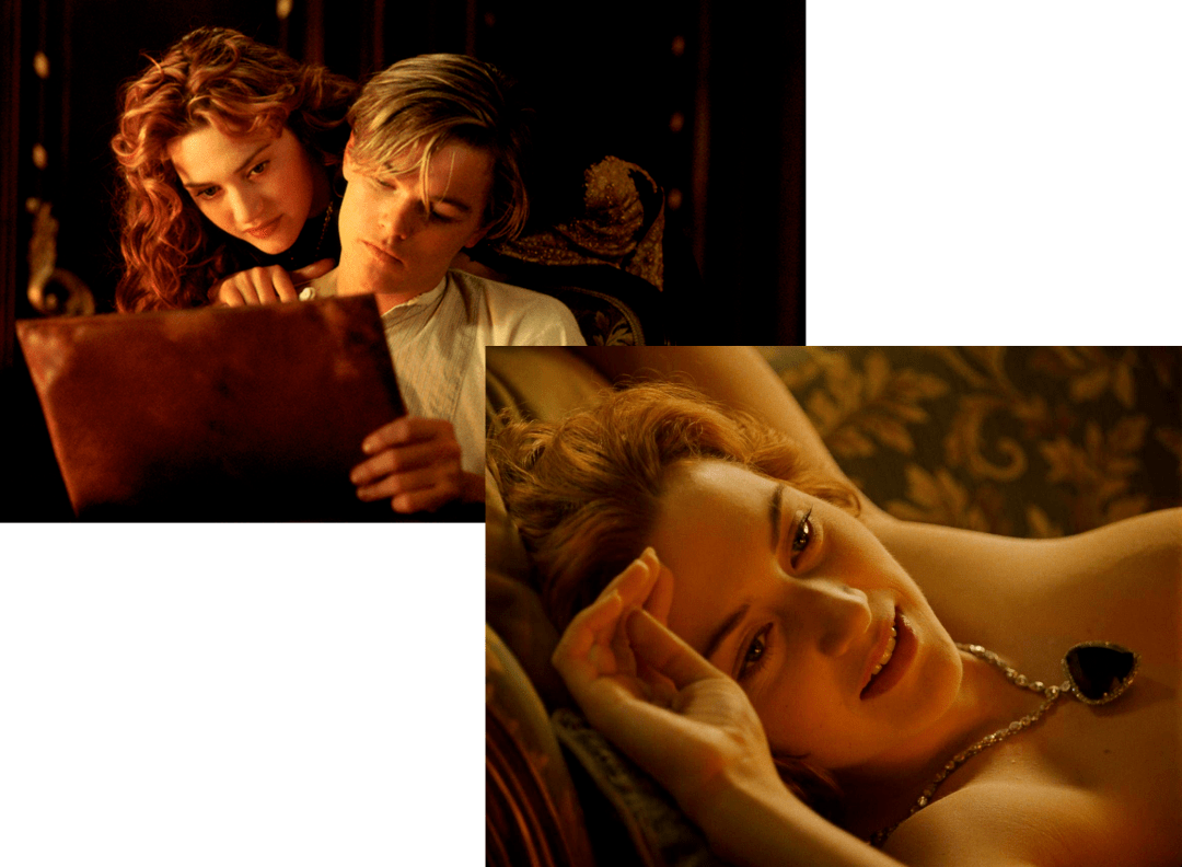 影片中jack为rose画裸体画,rose佩戴的便是那颗海洋之心.