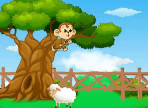 教师在屏幕上呈现背景图,导入故事"在一棵大树下有一只小羊在吃草,树