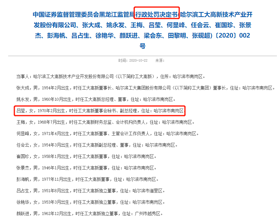 10月22日晚间,哈尔滨证监局发布对工大高新的《行政处罚决定书》,其中