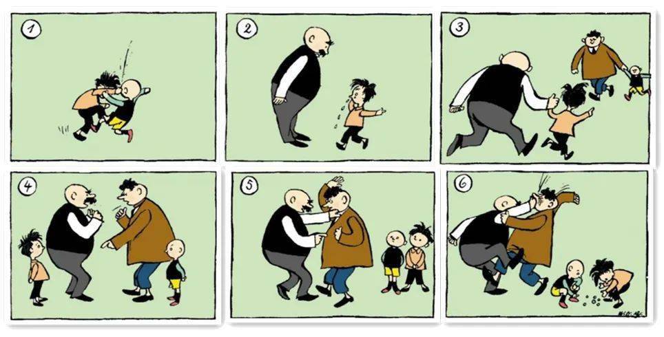 上面的场面真是像极了漫画《父与子》中的情景,两个孩子打架,回家找