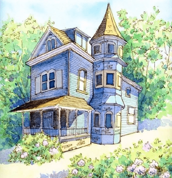 水彩插画古老的城堡和晚霞街道太美啦