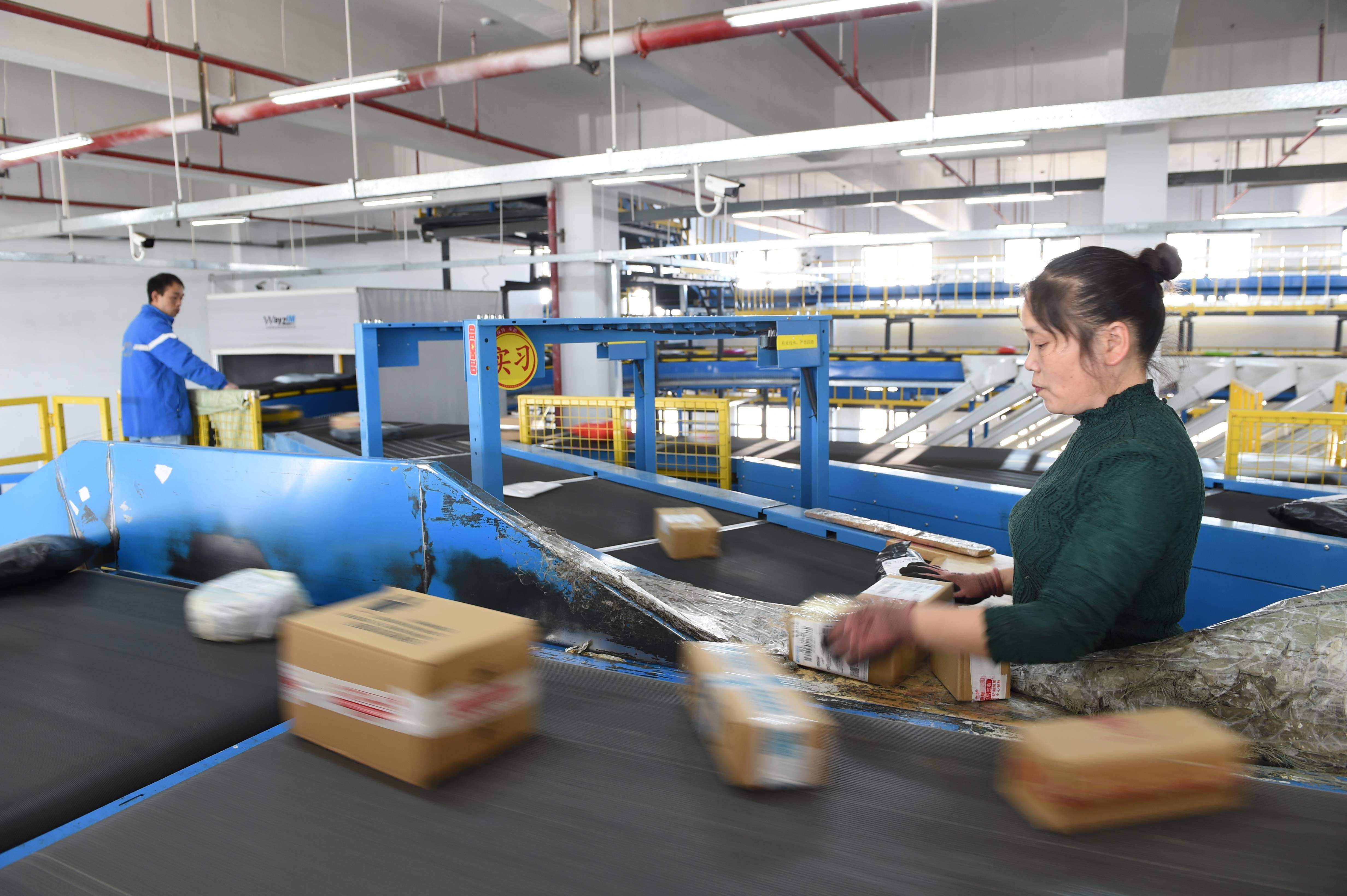 11月10日,在贵州省龙里县,中通公司员工将快递翻至正面供系统扫描分拣