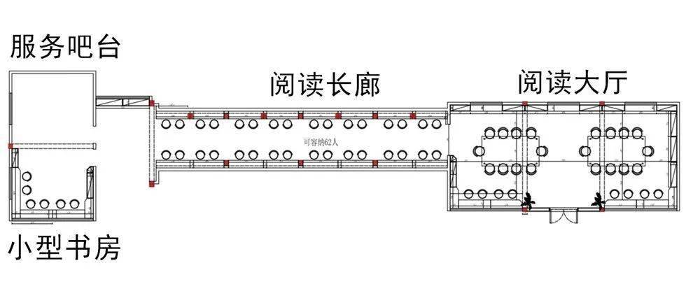 城市公园书屋主要分为阅读大厅,阅读长廊,服务吧台,小型书房四个部分.