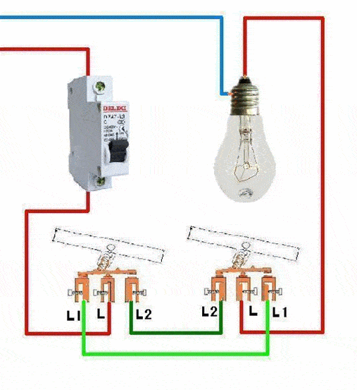 这个是开关的动态演示,便于理解卧室双控的布线图中间是个多控开关有