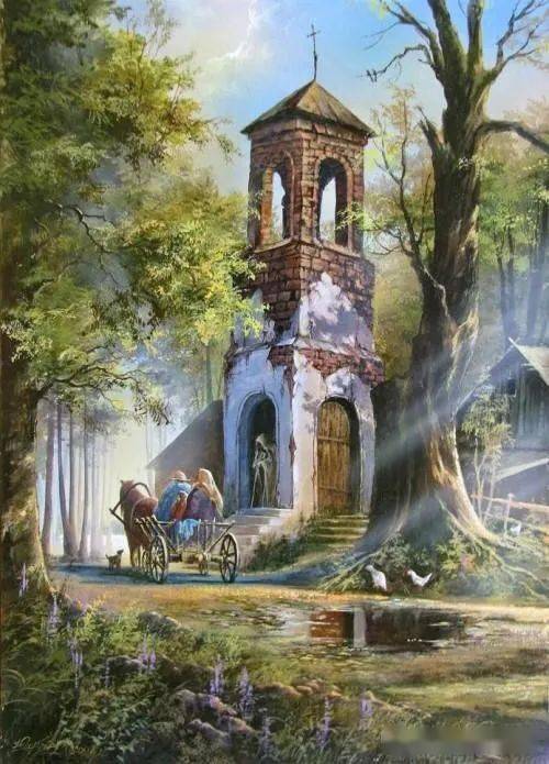 穿过森林的一束光秋天的森林俄罗斯画家victoryushkevich