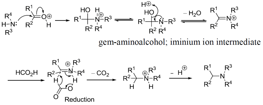 醇,脫水得到亞胺離子中間體,甲酸還原得到產物反應機理當用甲醛作為