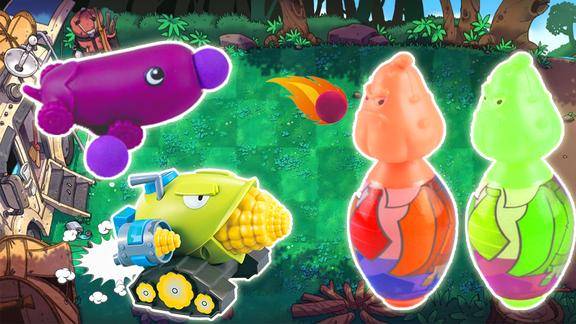 植物大战僵尸玩具,茄子加农炮玉米加农炮vs保龄球僵尸