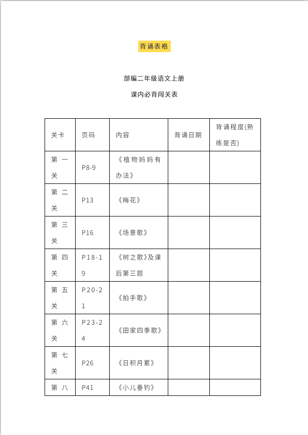 語文16年級上冊必背內容背誦闖關表日積月累