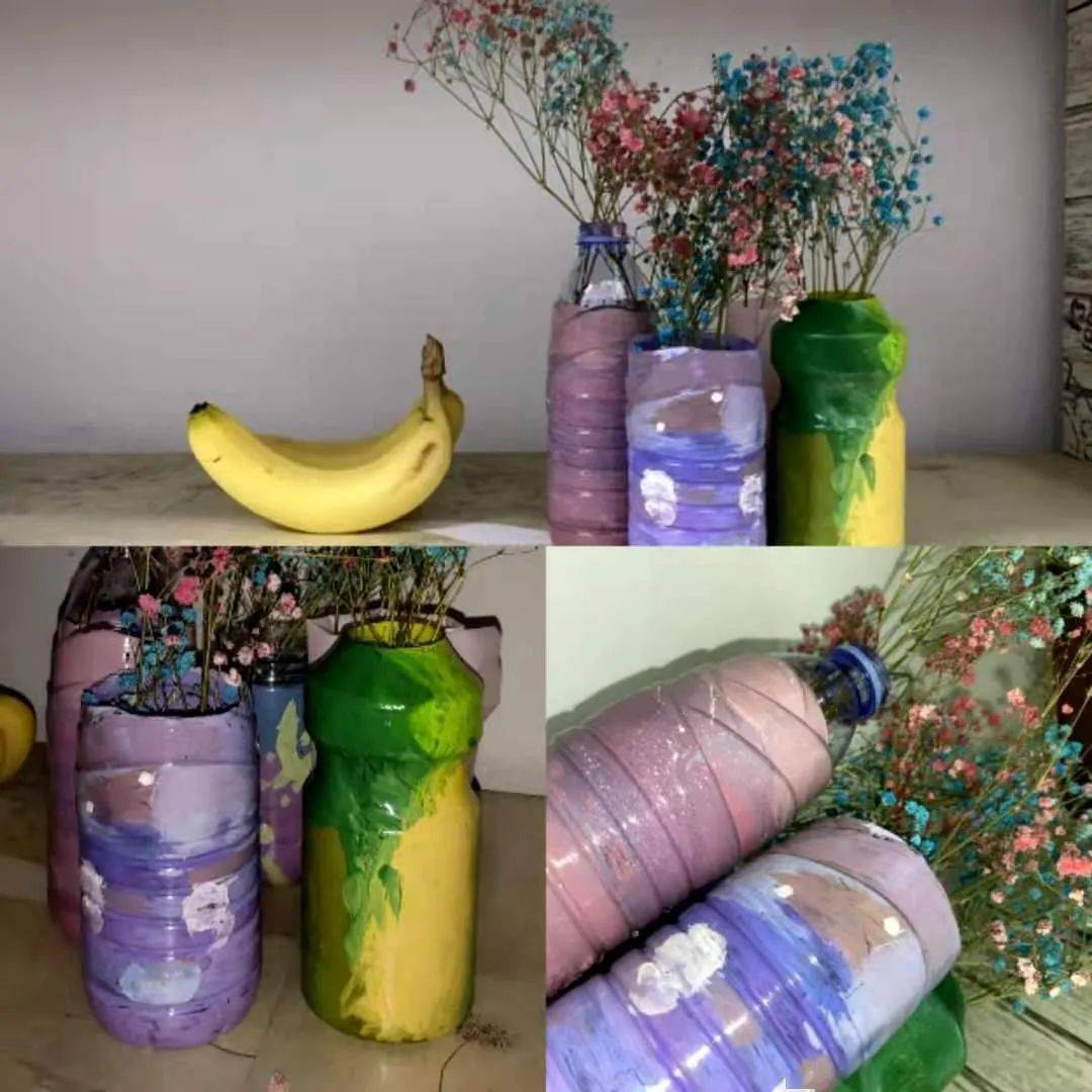 作品内容:以使用过的废弃塑料瓶为原材料,清洗晾干后涂上颜料,天马行
