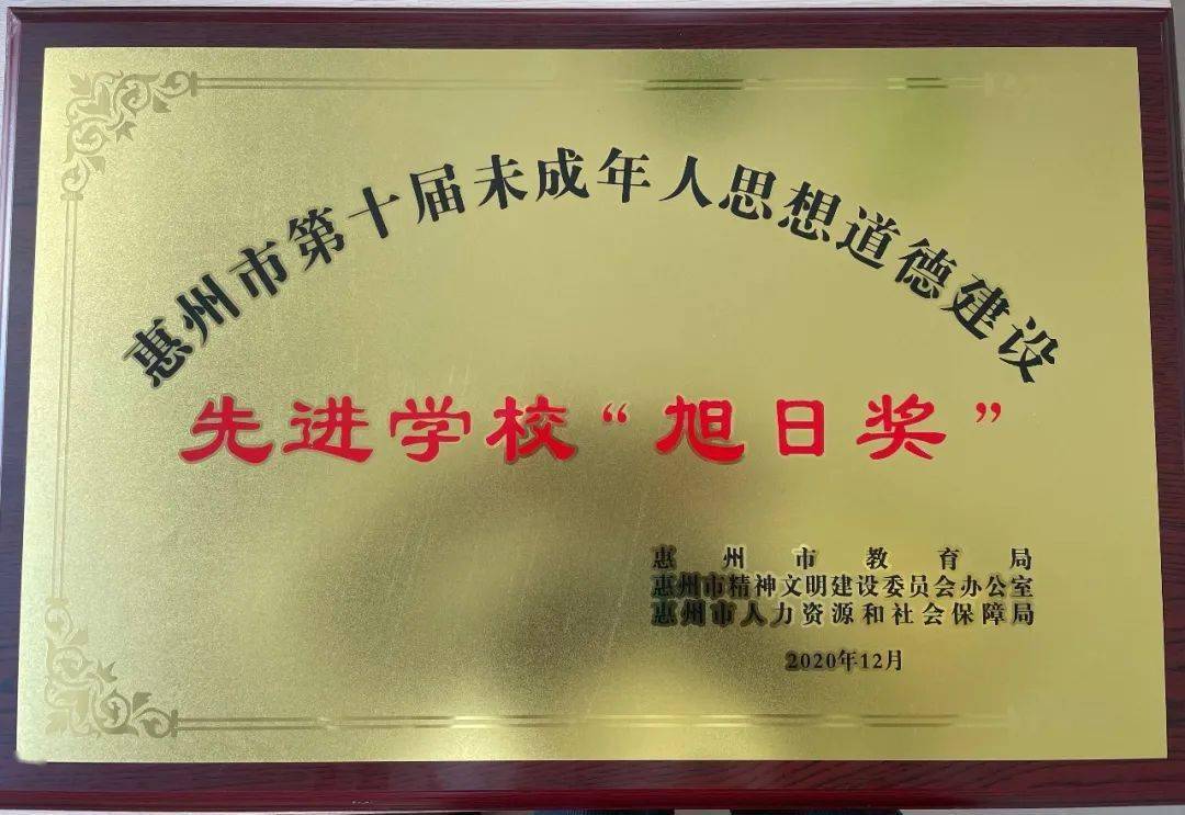 热烈祝贺我校荣获2020年惠州市未成年人思想道德建设"旭日奖"多项荣誉