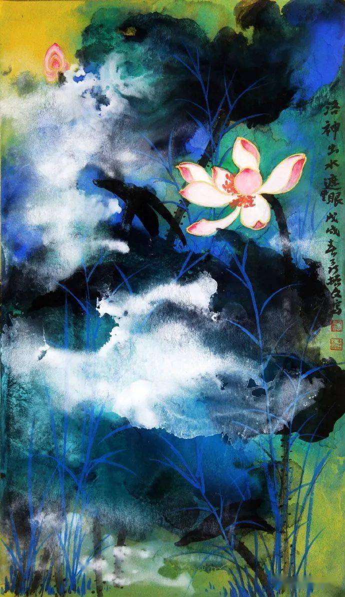 他是张大千再传弟子,看看他的泼墨泼彩荷花!