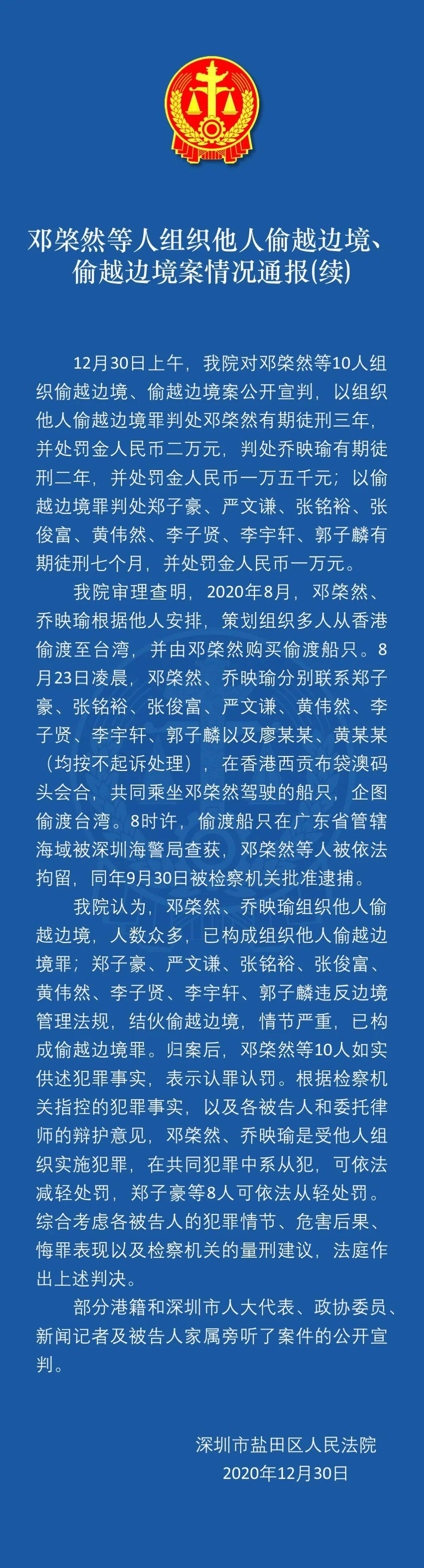 偷越邊境案公開宣判,以組織他人偷越邊境罪判處鄧棨然有期徒刑三年,並