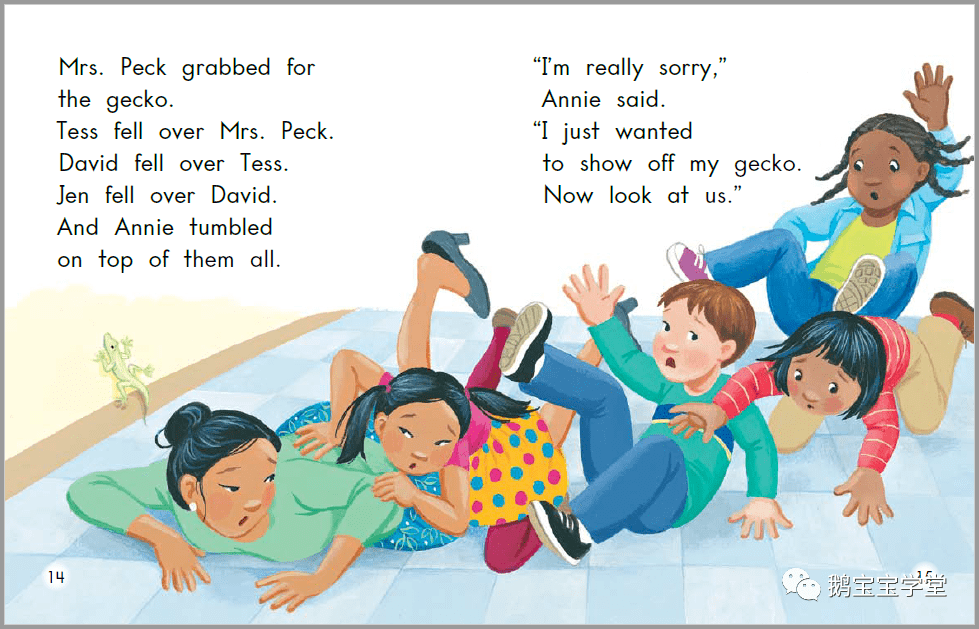 peck grabbed for the gecko.tess fell over mrs.peck.