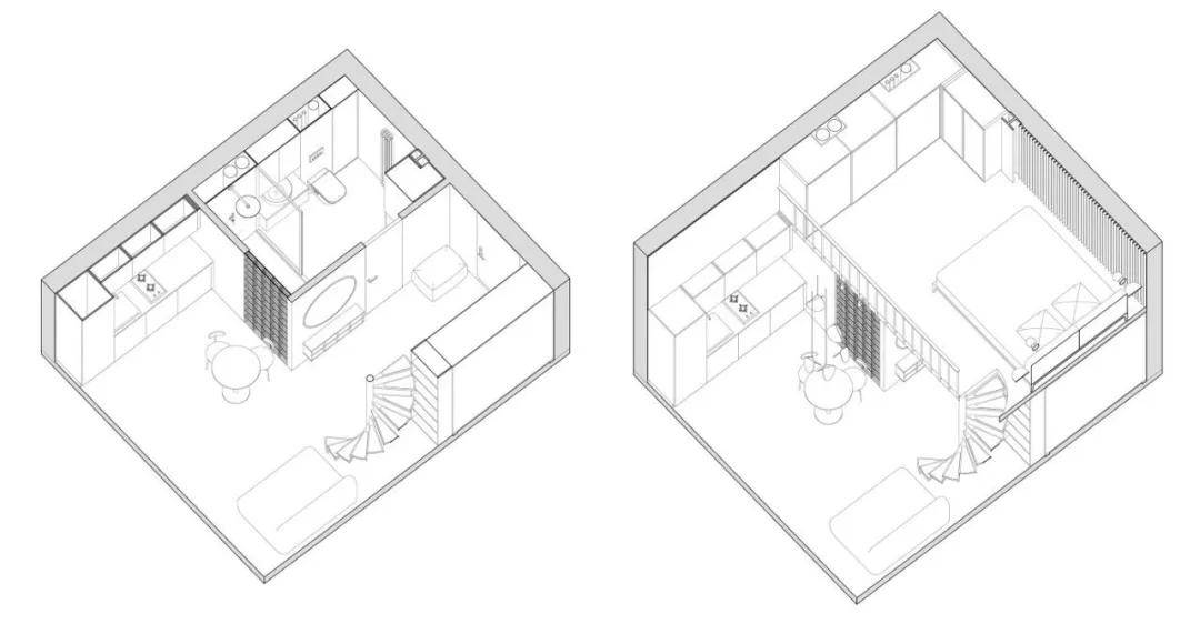 轴测图极简白loft公寓,面积只有25平米,却通过巧妙设计,带来大空间